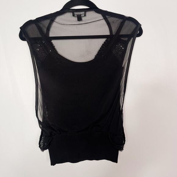 Bebe XSmall XS Black Sequin Layered Sheer Top Cowl Neck Built In Tank Camisole - Picture 2 of 9